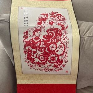 Red Floral Chinese Scroll Art